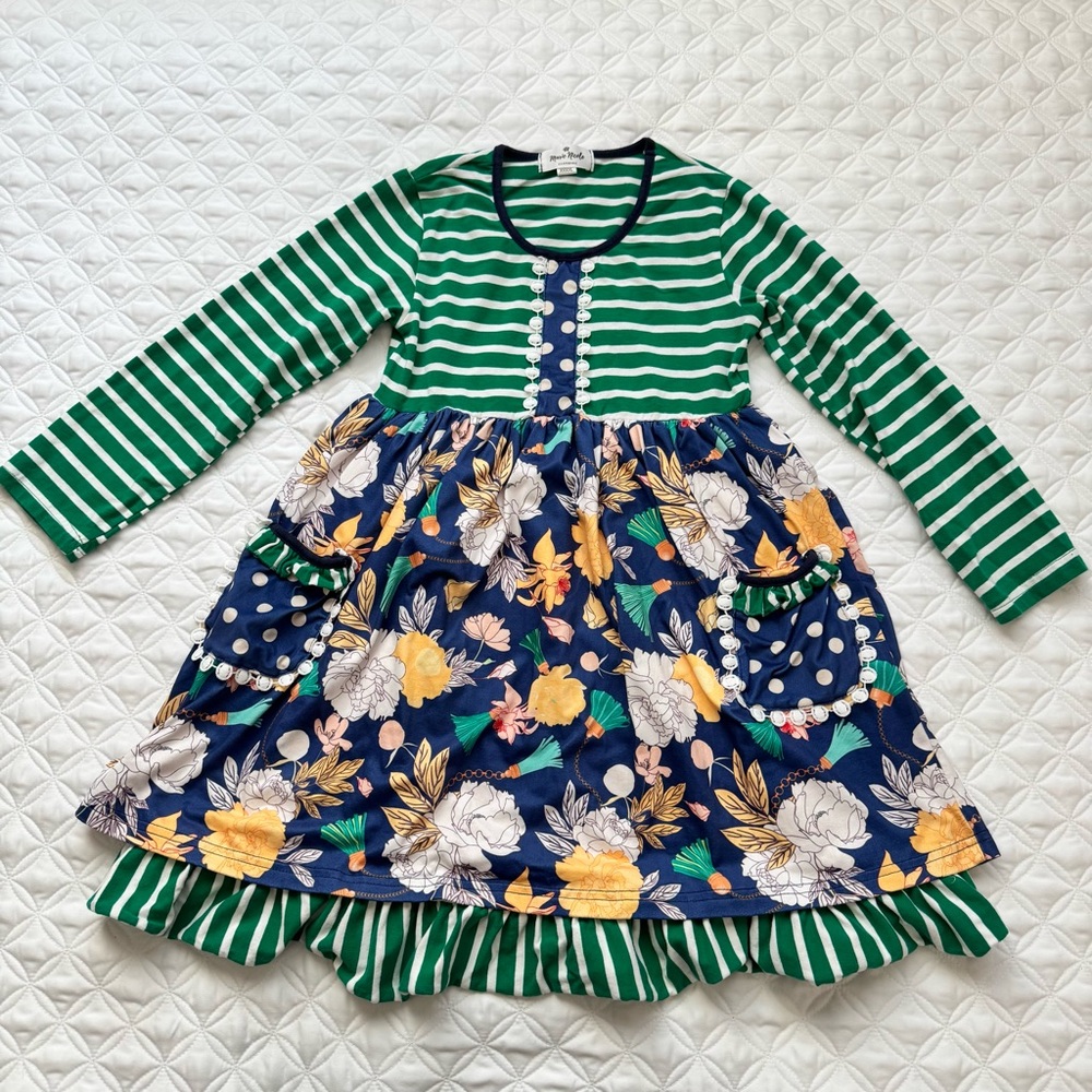 Marie Nicole Blue Green Stripe Floral Cottagecore Long Sleeve Dress Sz XXXXL 8yr